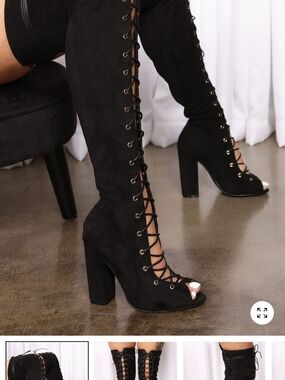 Fashion Nova Black Lace-Up Over-the-Knee Peep-Toe Block Heel Boots